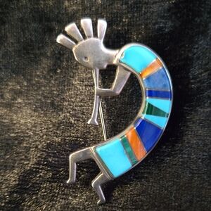 Vibrant Silver Kokopelli Brooch with Multicolor Accents